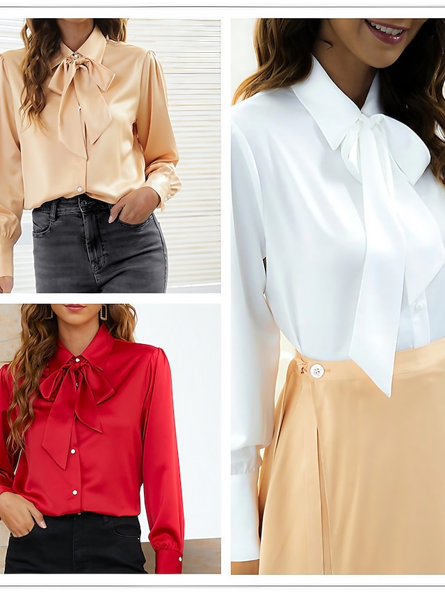  Women's Blouse Light Brown Red White Lace up Plain Sparkly Daily Work Long Sleeve Shirt Collar Streetwear Silk Like Satin Regular S / Machine wash / Smooth Sensations
