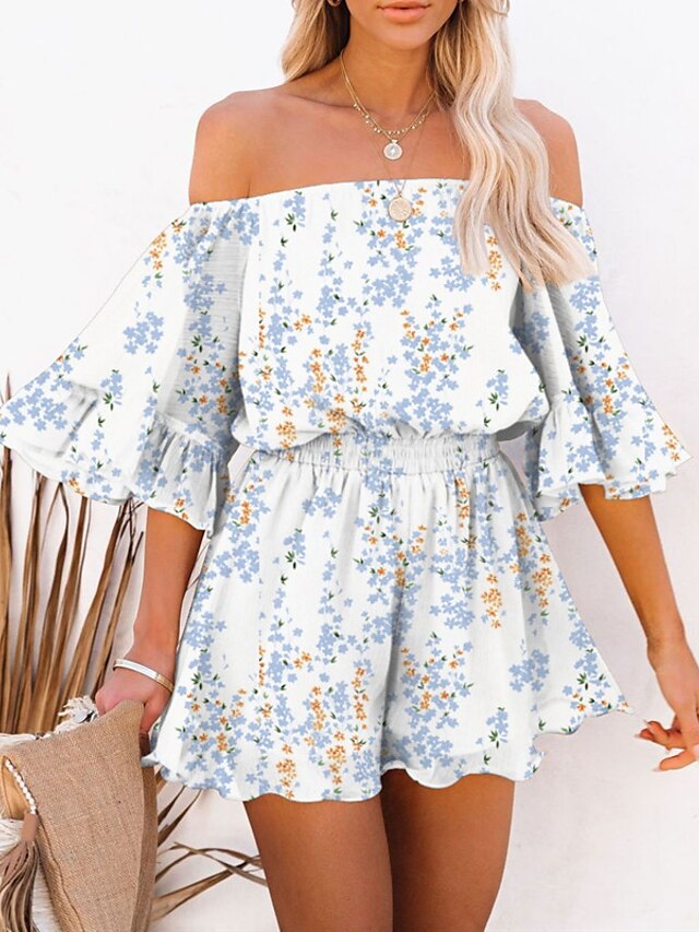 Womens Clothing Womens Jumpsuits & Rompers | Womens Romper Ruffle Print Floral Off Shoulder Active Street Daily Regular Fit Half