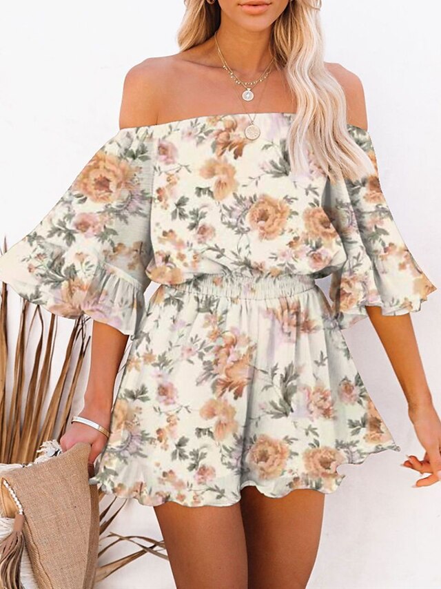 Womens Clothing Womens Jumpsuits & Rompers | Womens Romper Ruffle Print Floral Off Shoulder Active Street Daily Regular Fit Half