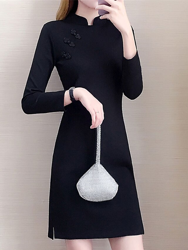 Womens Clothing Womens Dresses | Womens Bodycon Short Mini Dress Black Long Sleeve Solid Color Split Spring Summer Mandarin Coll