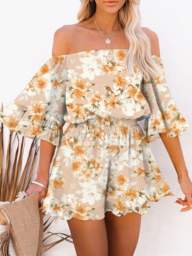 Womens Clothing Womens Jumpsuits & Rompers | Womens Romper Ruffle Print Floral Off Shoulder Active Street Daily Regular Fit Half