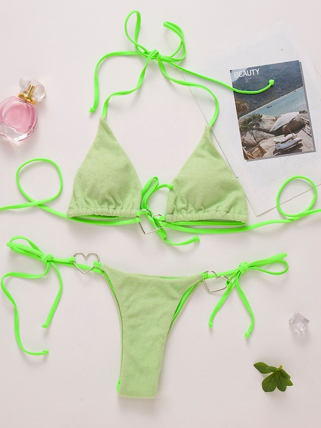 Womens Clothing Womens Swimwear | Womens Swimwear Bikini 2 Piece Normal Swimsuit 2 Piece Open Back Hole Pure Color Green Blue Li