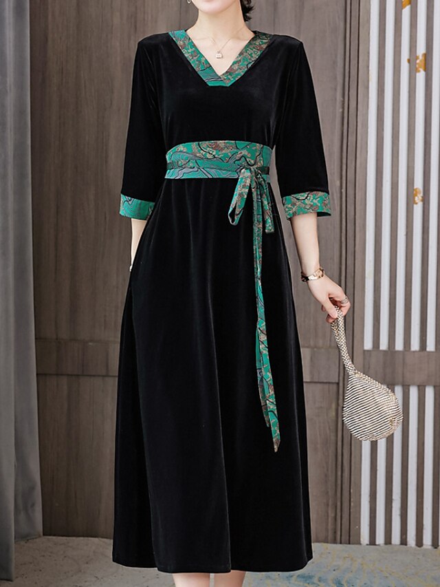 Womens Clothing Womens Dresses | Womens A Line Dress Midi Dress Black Long Sleeve Floral Color Block Embroidered Patchwork Sprin