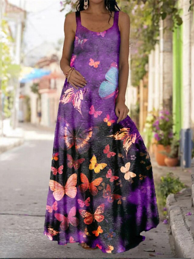 Womens Clothing Womens Dresses | Womens A Line Dress Maxi long Dress Green Blue Purple Light Blue Sleeveless Butterfly Animal Pr