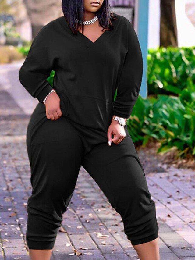  Women's Plus Size Chinos Jumpsuit Pocket Solid Color Casual Streetwear Casual Daily Natural Full Length Fall Spring Black Orange XL XXL 3XL 4XL 5XL