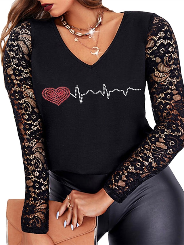 Womens Clothing Plus Size Collection | Womens Plus Size Tops Blouse Shirt Striped Heart Beaded Embroidered Long Sleeve V Neck St