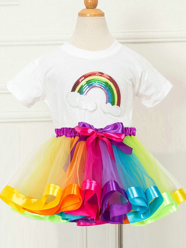  Flickor 3D Regnbåge T-shirt och kjol Kjolset Kortärmad Sommar Vår Höst Dagligen Polyester Barn 3-8 år Lös passning
