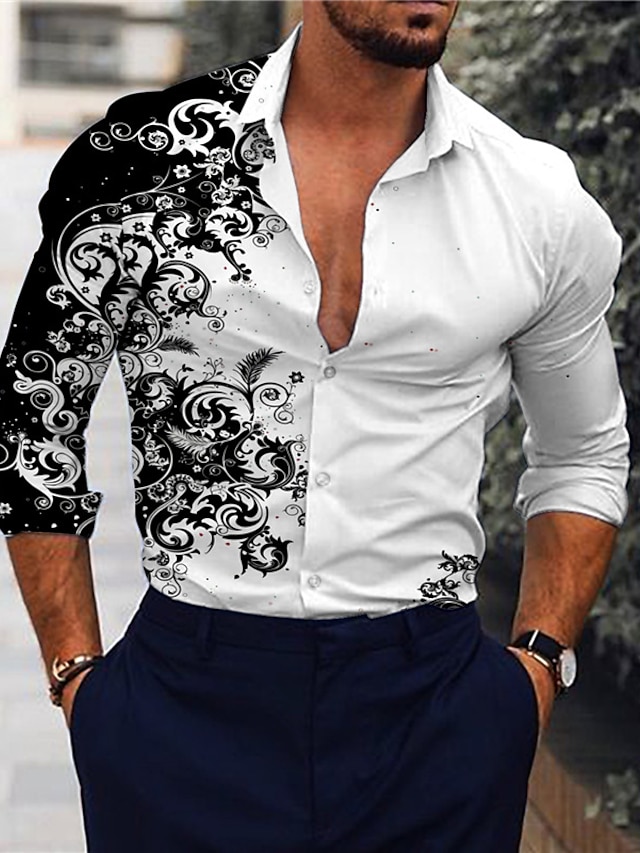  Men's Shirt Print Floral Graphic Turndown Daily Holiday 3D Print Button-Down Long Sleeve Tops Designer Casual Fashion Breathable Black Gray Navy Blue