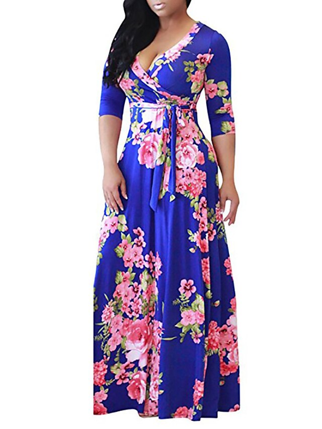 Womens Clothing Plus Size Collection | Womens Plus Size A Line Dress Floral V Neck Print Long Sleeve Spring Summer Casual Maxi l