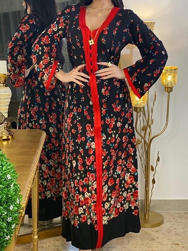 Womens Clothing Womens Dresses | Womens Shift Dress Maxi long Dress Red Long Sleeve Floral Print Spring Summer V Neck Elegant Mu