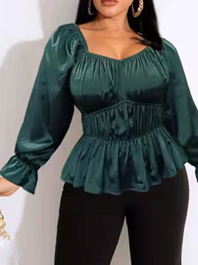 Womens Clothing Plus Size Collection | Womens Plus Size Tops Blouse Shirt Plain Ruched Long Sleeve Square Neck Sexy Streetwear D