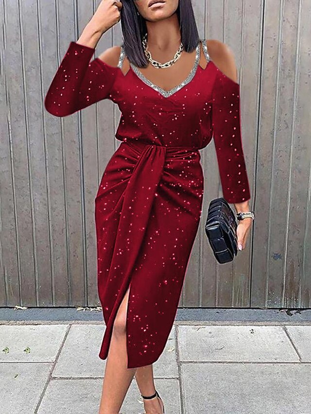 Womens Clothing Womens Dresses | Womens A Line Dress Midi Dress Black Red Wine Long Sleeve Polka Dot Ruched Print Fall Winter V 