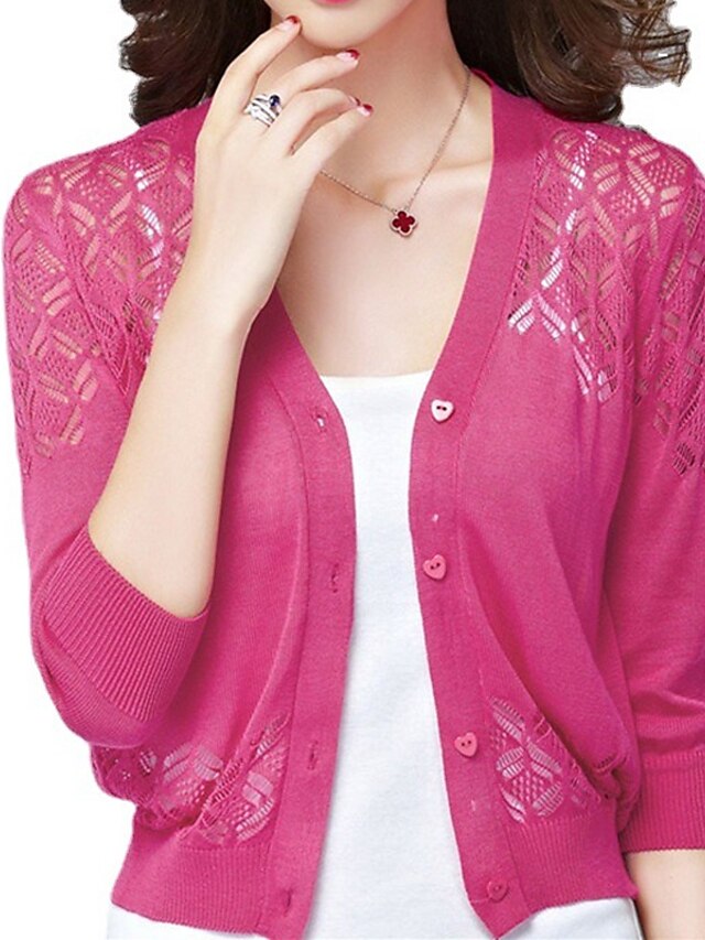 Women's Shrug Knitted Button Pure Color Stylish Elegant Casual 3/4