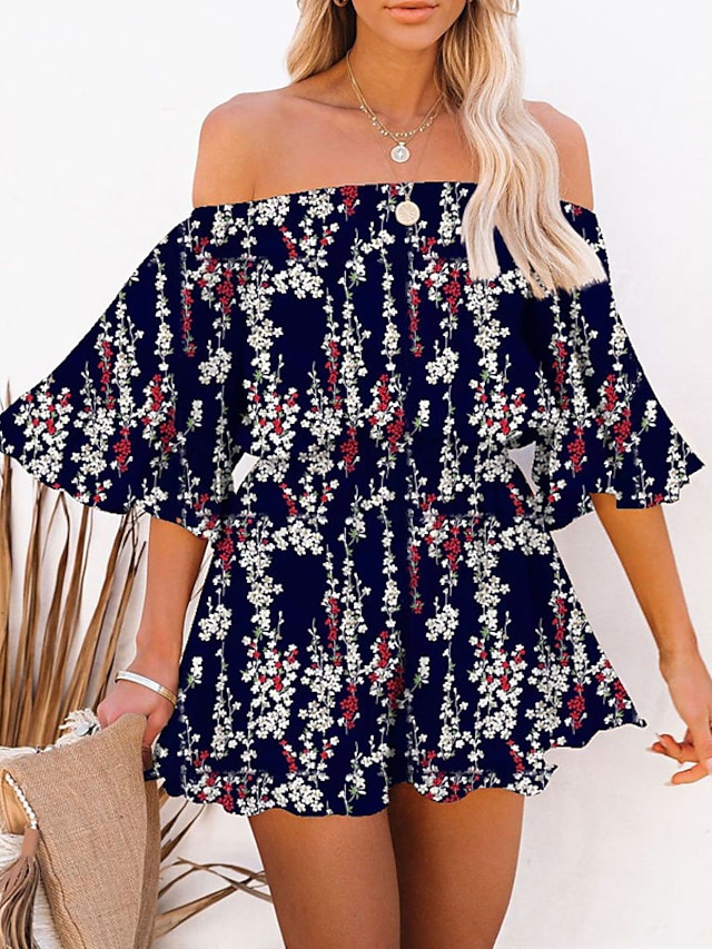 Womens Clothing Womens Jumpsuits & Rompers | Womens Romper Ruffle Print Floral Off Shoulder Active Street Daily Regular Fit Half