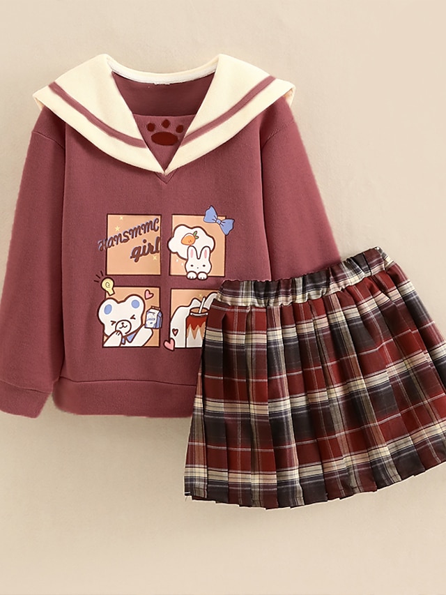 Baby & Kids Girls Clothing | Kids Girls Childrens Day T-shirt & Skirt 2 Pieces Long Sleeve Pink Beige Geometric Letter Print Cot