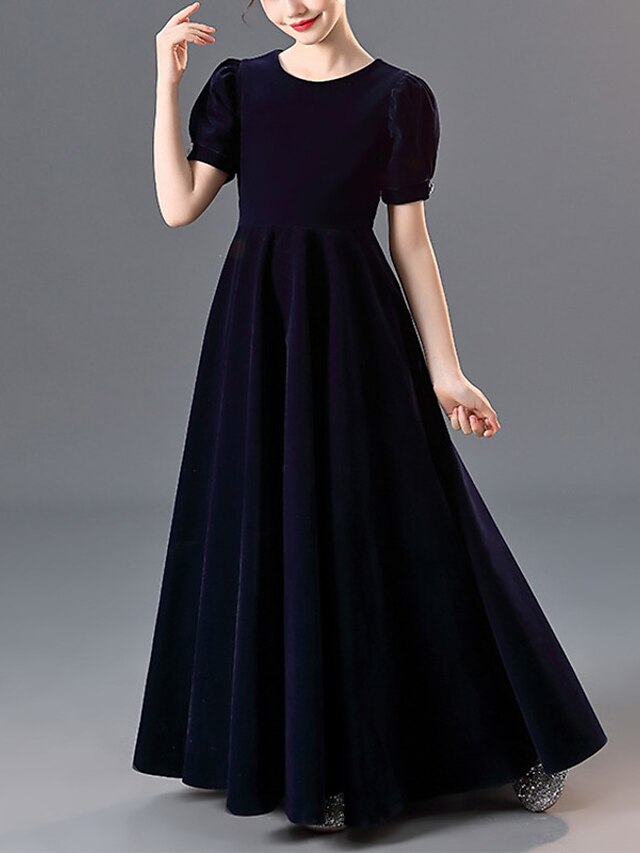  A-Line Ankle Length Junior Bridesmaid Dress Party Velvet Short Sleeve Jewel Neck with Buttons 2022 / Wedding Party