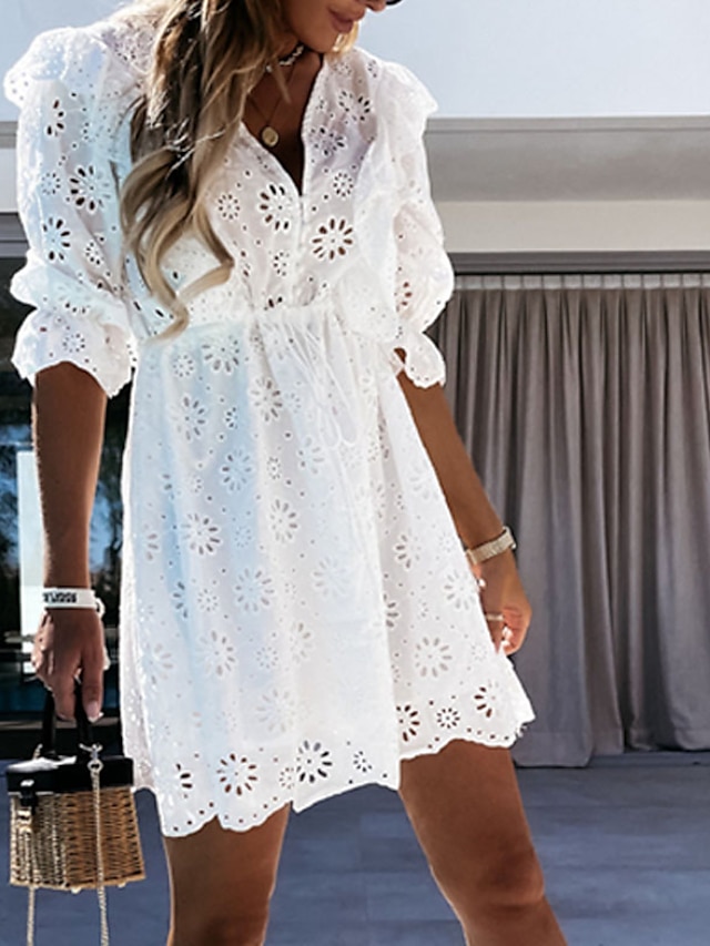 Women's Casual Dress Mini Dress White 3/4 Length Sleeve Pure Color Lace ...