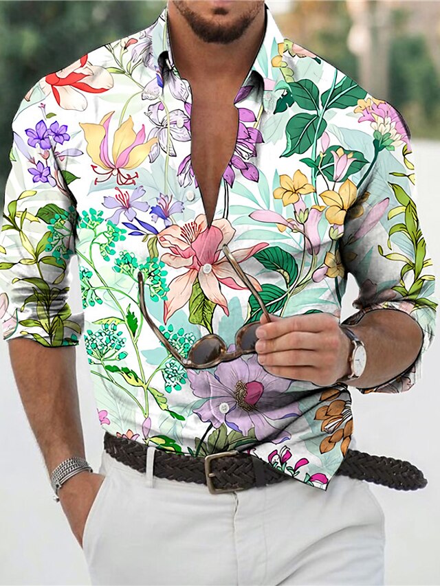  Men's Shirt Summer Hawaiian Shirt Print Floral Graphic Hawaiian Aloha Design Turndown Daily Holiday 3D Print Button-Down Long Sleeve Tops Designer Casual Fashion Breathable Black / White Green