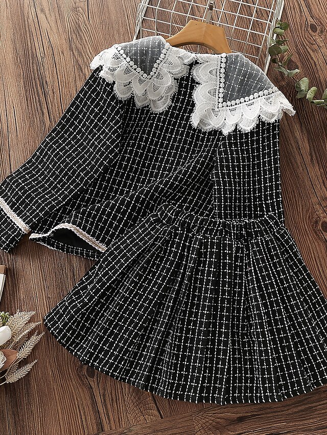 Baby & Kids Girls Clothing | Kids Girls Childrens Day T-shirt & Skirt 2 Pieces Long Sleeve Black Plaid Geometric Letter Print Co