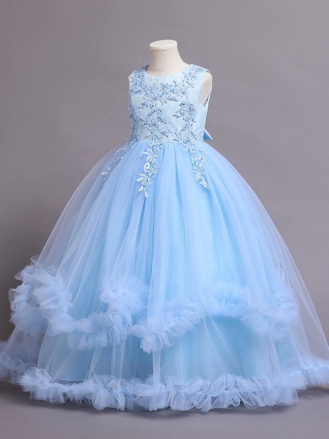  barn flickklänning blomma ärmlös performance party spets söt polyester knälång tyllklänning sommar vår höst 4-13 år blå