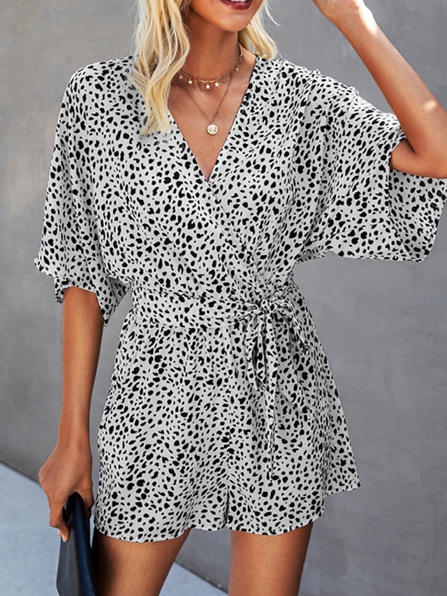 Womens Clothing Womens Jumpsuits & Rompers | Womens Romper Print Leopard V Neck Active Street Casual Regular Fit Half Sleeve Whi