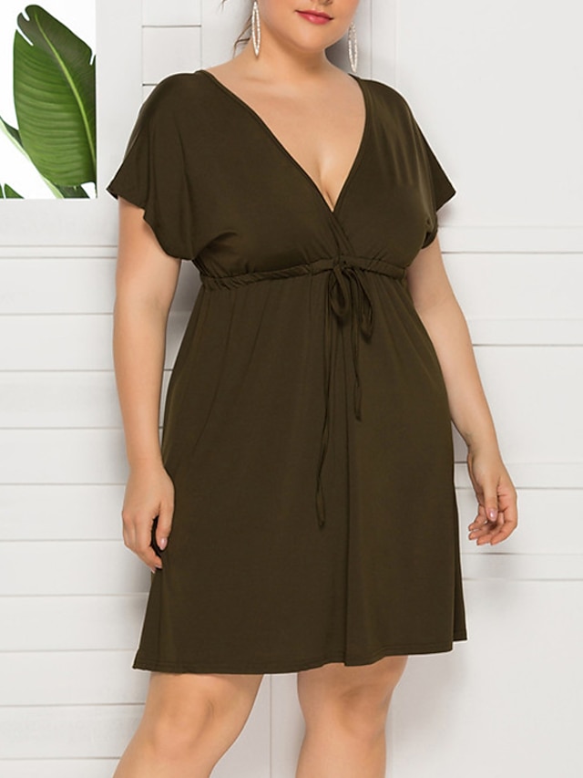 Womens Clothing Plus Size Collection | Womens Plus Size A Line Dress Solid Color V Neck Short Sleeve Spring Summer Work Basic Ca