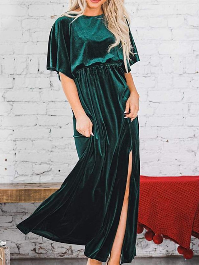 Womens Clothing Womens Dresses | Womens A Line Dress Maxi long Dress Green Black Wine Gold Short Sleeve Pure Color Split Velvet 