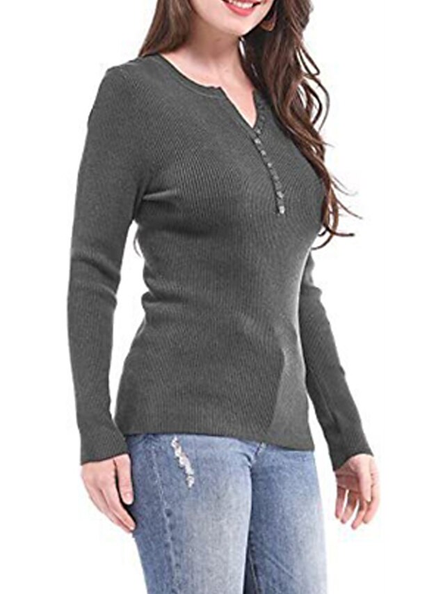 Womens Clothing Sweaters & Cardigans | Womens Pullover Sweater Jumper Knit Knitted Button Pure Color V Neck Stylish Casual Home 