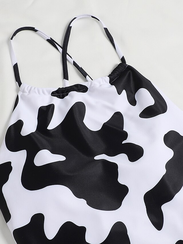 Womens Clothing Womens Swimwear | Womens Swimwear Bikini 2 Piece Normal Swimsuit 2 Piece Open Back Printing Hole Milk Cows White