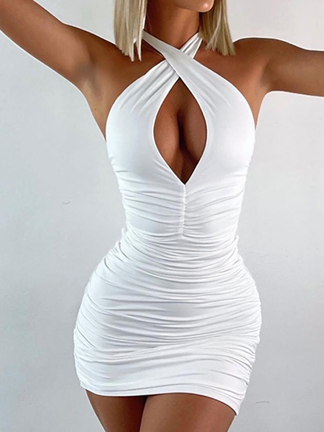  Women's Sheath Dress Short Mini Dress White Brown Light Blue Sleeveless Pure Color Backless Hollow Out Spring Summer Halter Neck Stylish Sexy Modern 2022 S M L