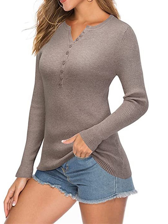 Womens Clothing Sweaters & Cardigans | Womens Pullover Sweater Jumper Knit Knitted Button Pure Color V Neck Stylish Casual Home 