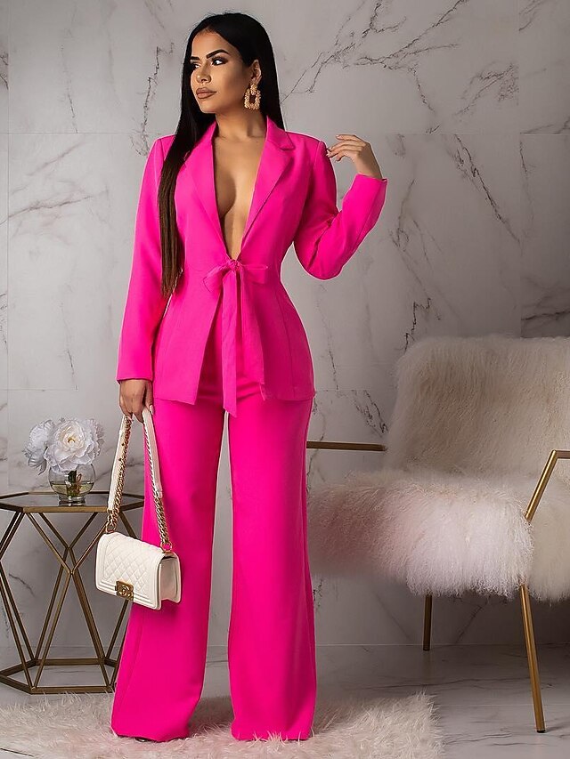 Mujer Básico Color sólido Usar para trabajar Oficina Conjunto de dos piezas  Cuello Camisero Chaqueta de sport traje de oficina Conjuntos de pantalones  Pantalones anchos Pantalones de campana 8970071 2022 – $32.49