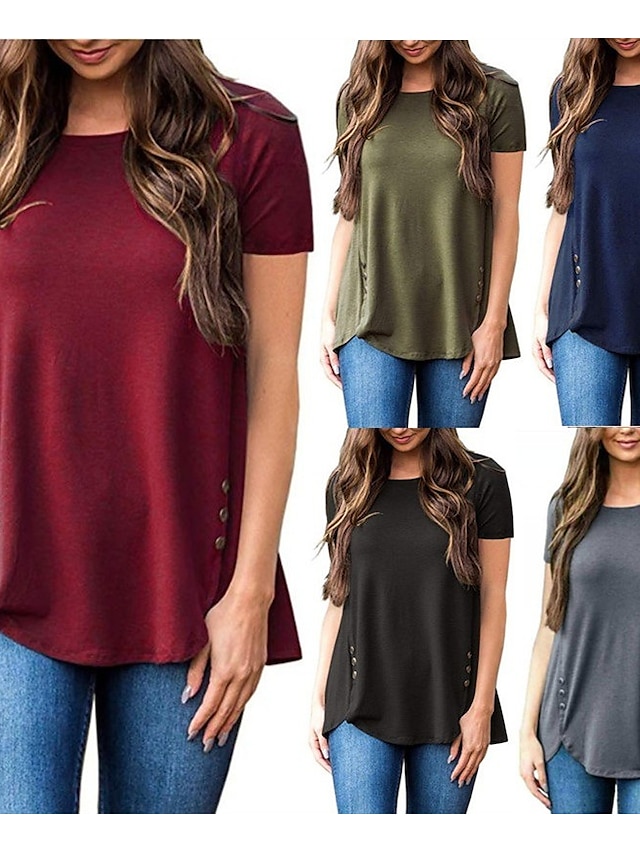  Women's Hem Short Sleeve T-Shirt Solid Color Tee Round Neck Summer Daily