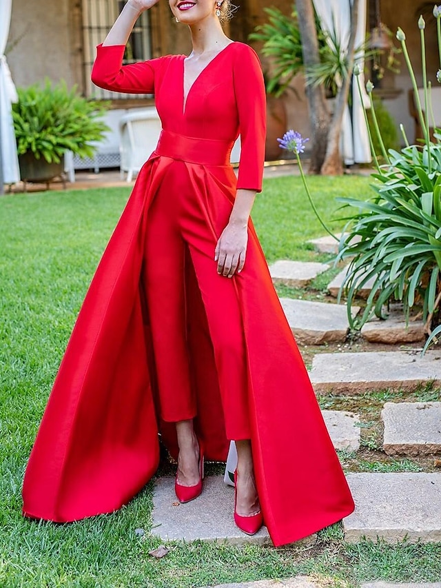  Jumpsuits Evening Gown Elegant Dress Red Green Dress Wedding Guest Floor Length 3/4 Length Sleeve V Neck Detachable Stretch Fabric with Overskirt 2024