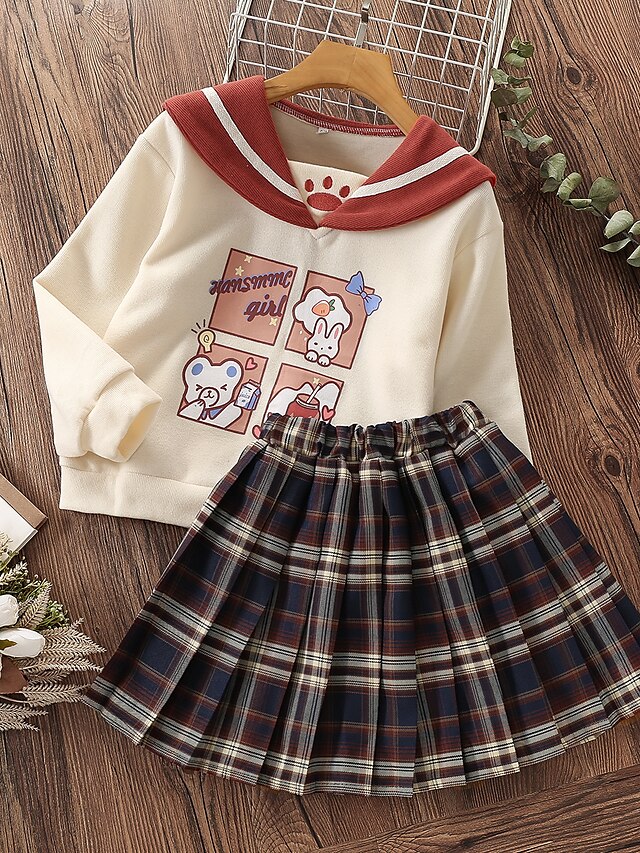 Baby & Kids Girls Clothing | Kids Girls Childrens Day T-shirt & Skirt 2 Pieces Long Sleeve Pink Beige Geometric Letter Print Cot