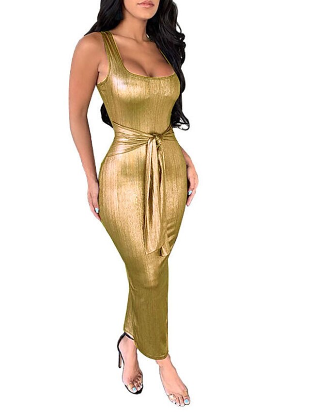 Womens Clothing Womens Dresses | Womens Bodycon Maxi long Dress Silver Gold Sleeveless Pure Color Sequins Lace up Cold Shoulder 