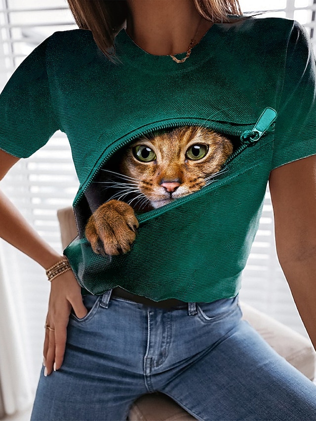  Women's Cat 3D Casual Weekend 3D Cat Painting Short Sleeve T shirt Tee Round Neck Print Basic Essential Tops Green Blue Purple S / 3D Print