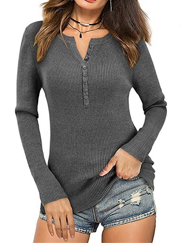 Womens Clothing Sweaters & Cardigans | Womens Pullover Sweater Jumper Knit Knitted Button Pure Color V Neck Stylish Casual Home 