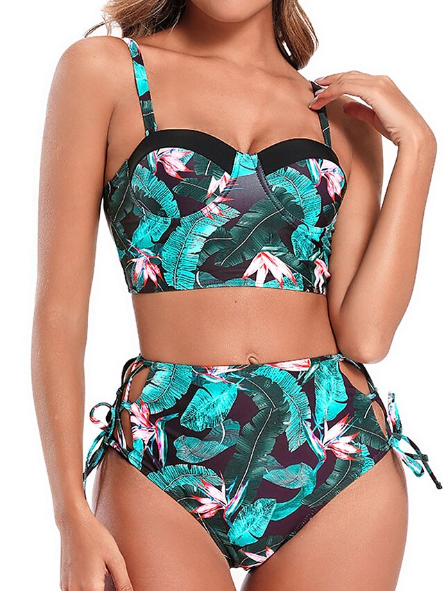 Womens Clothing Womens Swimwear | Womens Swimwear Bikini 2 Piece Normal Swimsuit 2 Piece High Waist Open Back Printing Leaf Gree