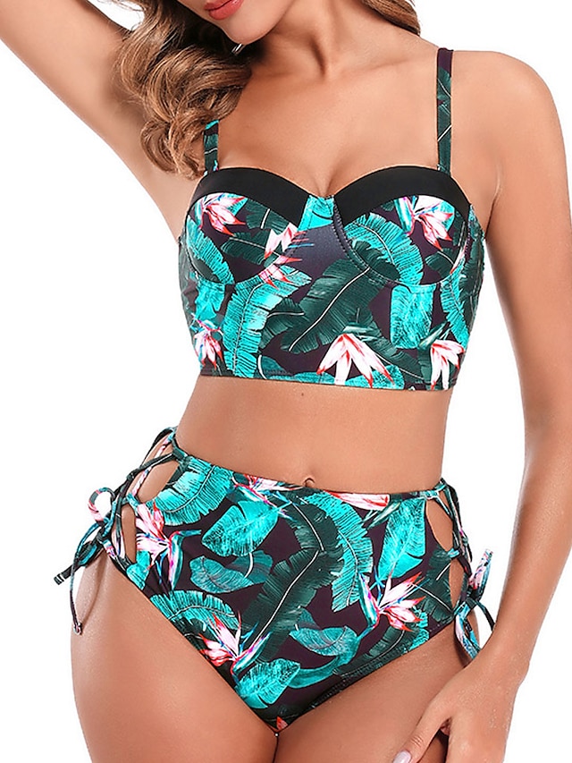 Womens Clothing Womens Swimwear | Womens Swimwear Bikini 2 Piece Normal Swimsuit 2 Piece High Waist Open Back Printing Leaf Gree