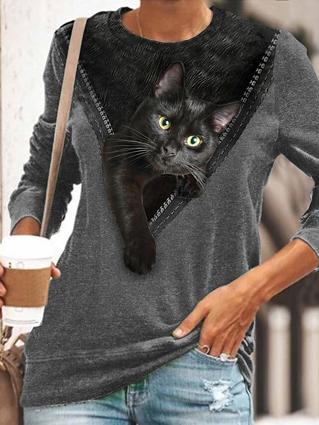  Dame T skjorte Svart Gul Rød Katt 3D Trykt mønster Langermet Daglig Helg Grunnleggende Rund hals Normal 3D Cat Maling S