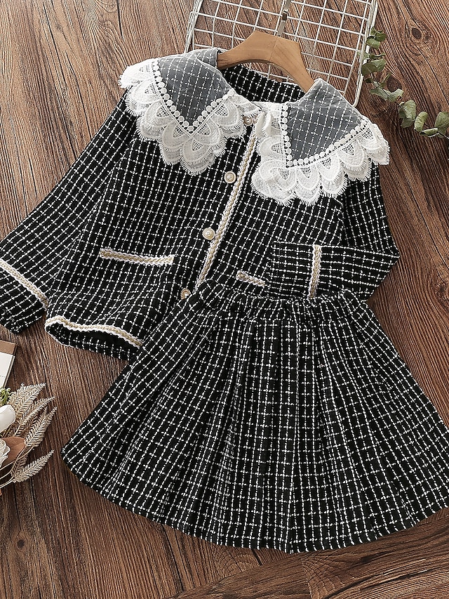  Kids Girls' Children's Day T-shirt & Skirt 2 Pieces Long Sleeve Black Plaid Geometric Letter Print Cotton School Vacation Active Fashion Long Above Knee 3-12 Years / Fall / Spring
