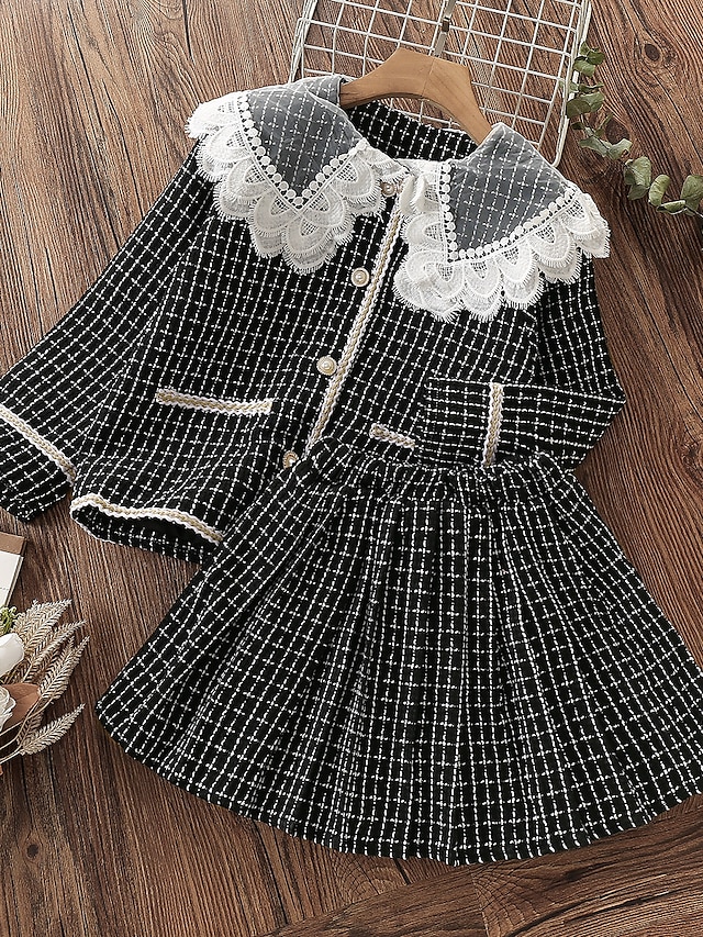 Baby & Kids Girls Clothing | Kids Girls Childrens Day T-shirt & Skirt 2 Pieces Long Sleeve Black Plaid Geometric Letter Print Co