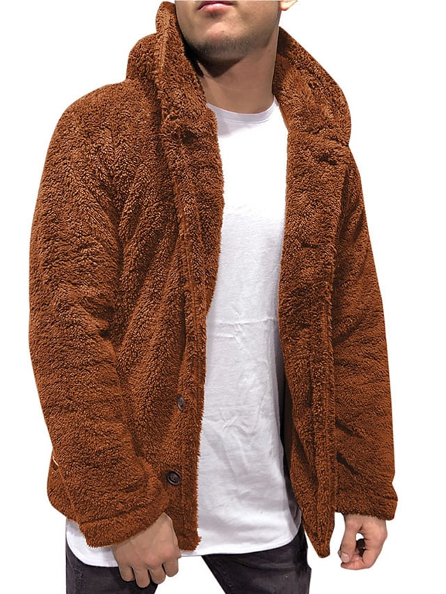  mens fuzzy sherpa jacket hoodie fluffy fleece open front cardigan button down soft coat fall outwear winter warm thicken lined jackets with pocket for men brown