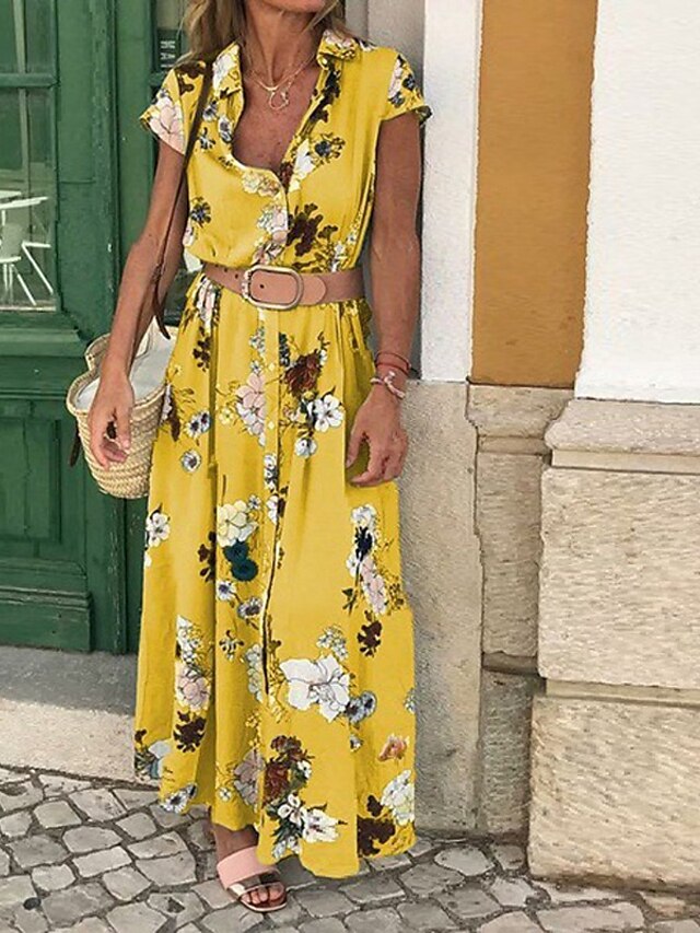 Womens Clothing Womens Dresses | Womens Shift Dress Maxi long Dress Green Blue Purple Yellow Long Sleeve Floral With Belt Print 