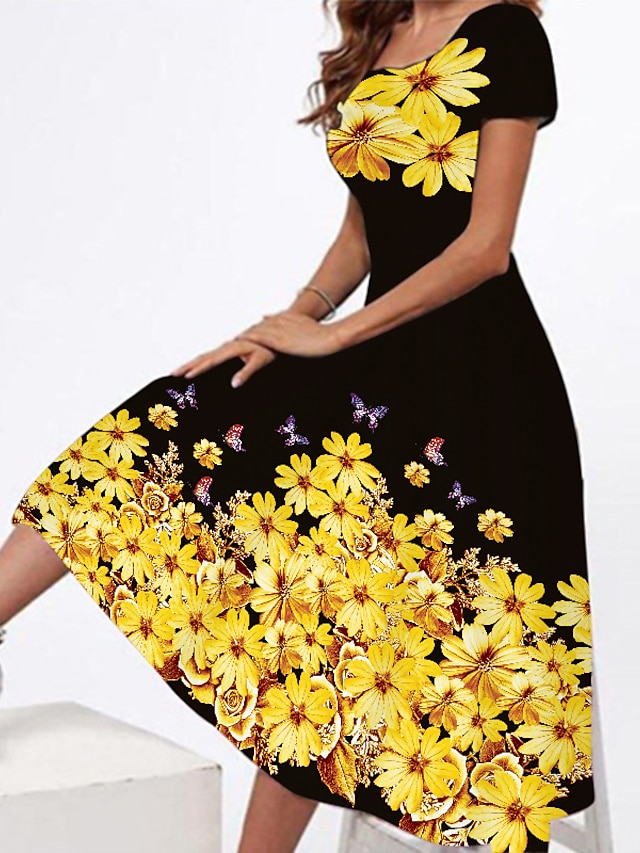 Vestido Midi Floral De Manga Corta Casual Con Estampado Flor 