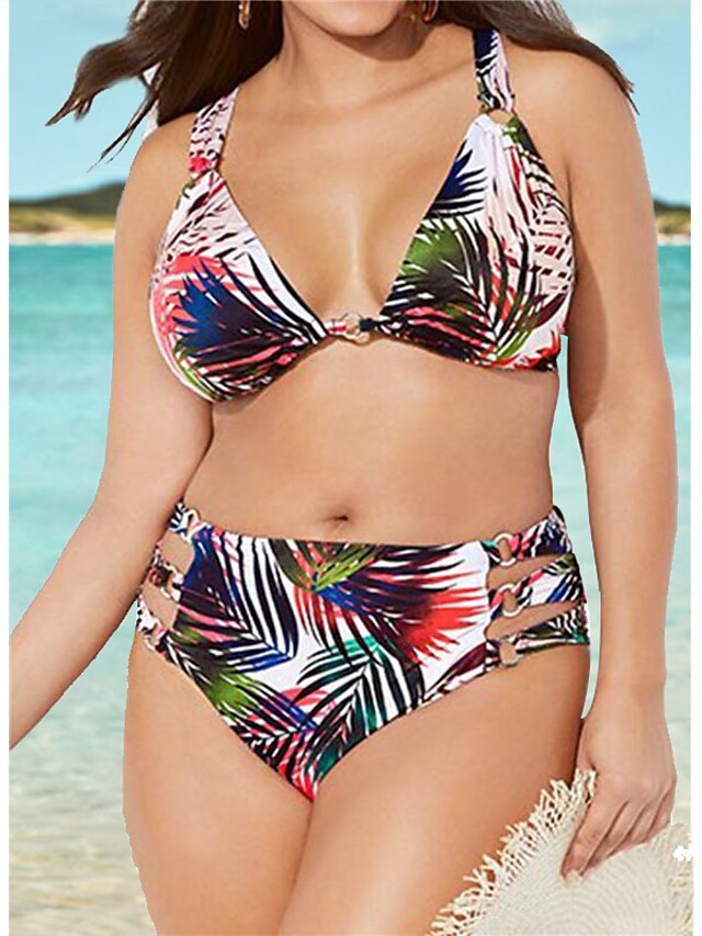 Womens Clothing Womens Swimwear | Womens Swimwear Bikini 2 Piece Plus Size Swimsuit Open Back for Big Busts Print Leaf Rainbow S