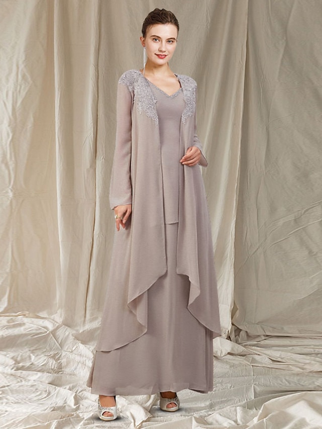  Two Piece A-Line Mother of the Bride Dress Elegant Plus Size V Neck Floor Length Chiffon Long Sleeve Jacket Dresses with Appliques 2023