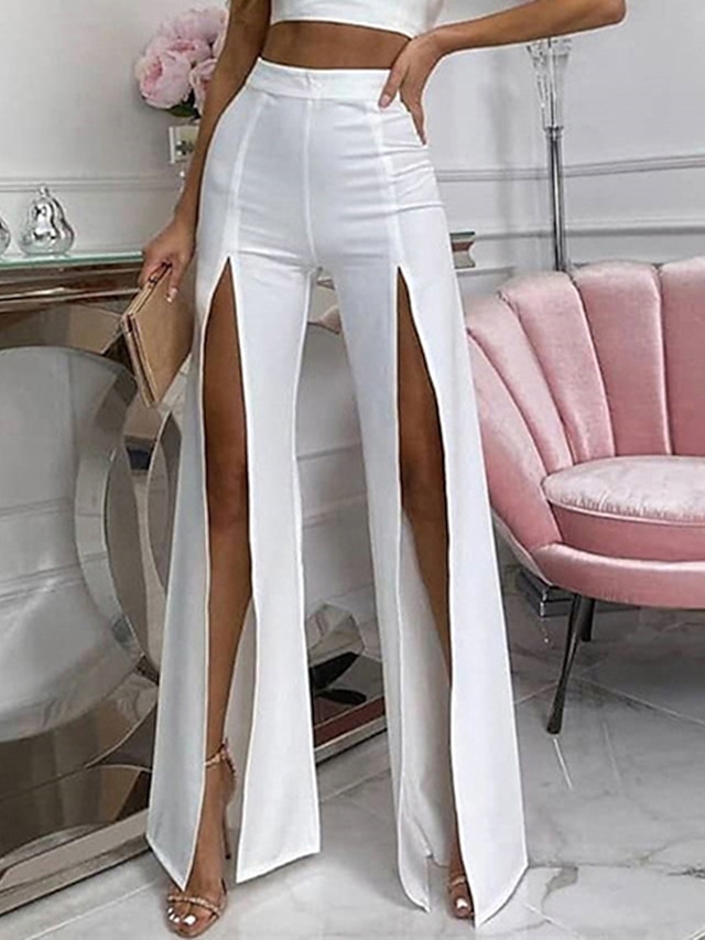 Women's Casual Fashion Culottes Wide Leg Wide Leg Split Patchwork Full Length Pants Casual Daily Stretchy Solid Colored High Waist White Black S M L