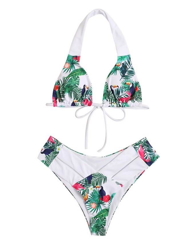 Womens Clothing Womens Swimwear | Womens Swimwear Bikini 2 Piece Normal Swimsuit Backless Pleated Printing Floral Stripe Green B